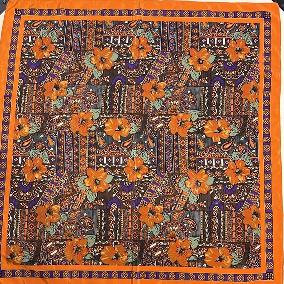 Square Silk Scarf 31” x 31” Orange / Purple Floral & Paisley Design - Picture 9 of 12